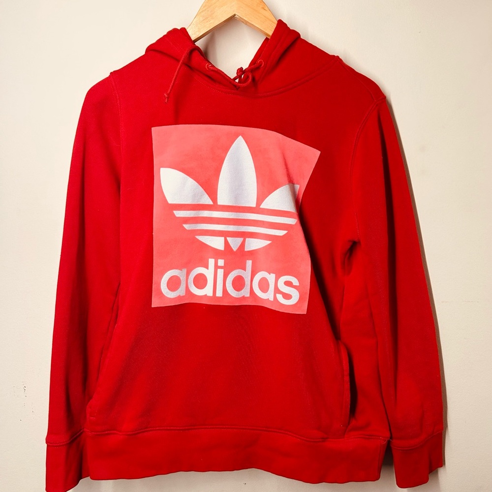 Adidas Red Draw String Logo Long Sleeve Solid Sweatshirt Hoodie Adult | Size S